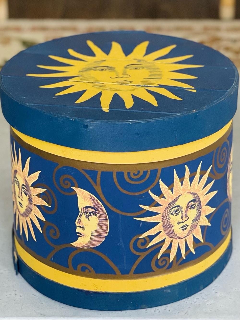 Vintage 90s Celestial Whimsigoth Sun Moon Face Wooden Box Upcycled Handmade